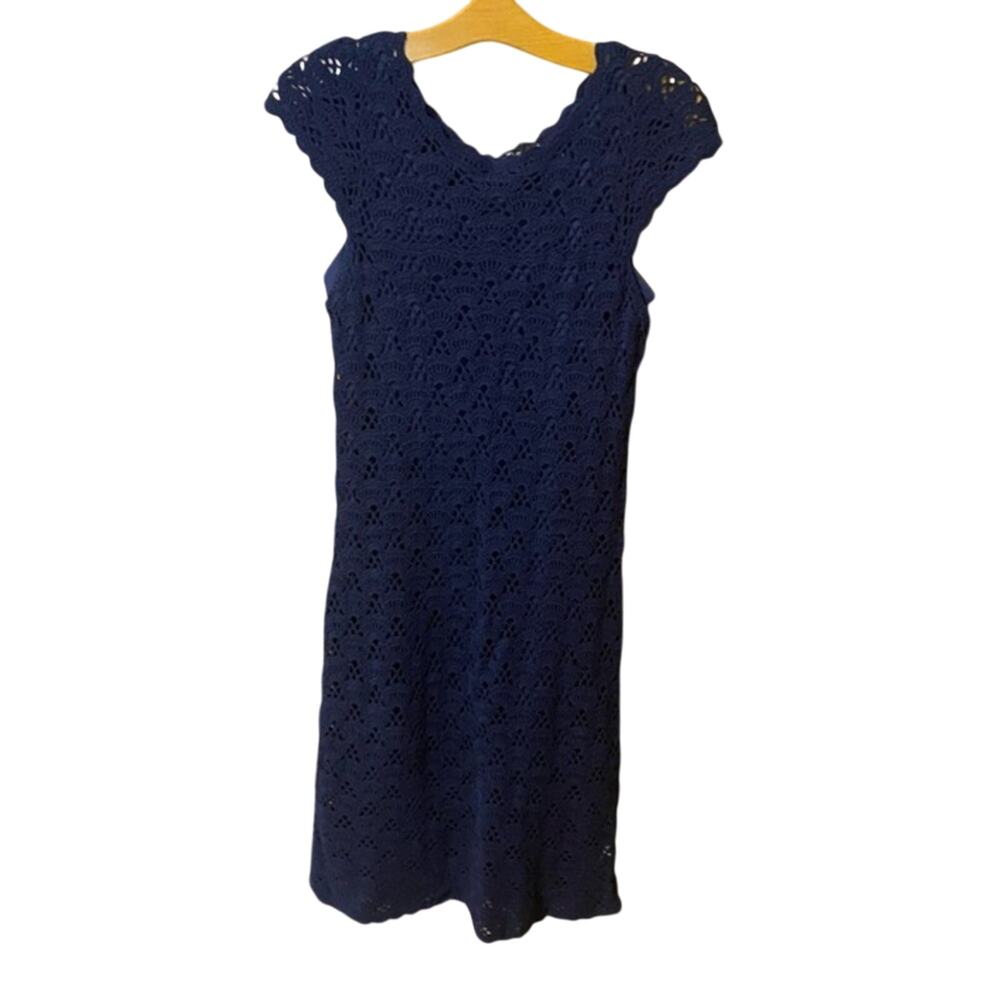 New Directions Blue crochet Midi Dress Cap Sleeve petite medium 100% cotton